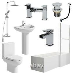Bathroom Suite 1700mm L Shaped RH Bath Panel Toilet Pedestal Basin Shower Screen