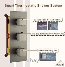 CASAINC LED Thermostatic Shower System 12-Inch Ceiling Mounted Brushed Nickel