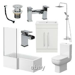 Complete 1600mm LH L Shaped Bathroom Suite Bath Screen Toilet Shower Sink Vanity