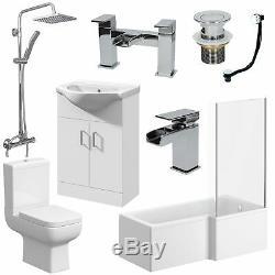 Complete Bathroom Suite 1500mm RH L Shaped Bath WC Basin Vanity Unit Taps Shower