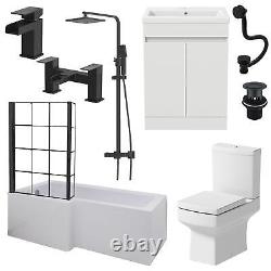 Complete Bathroom Suite Black 1700 L Shape LH Bath Screen Vanity WC Shower Taps