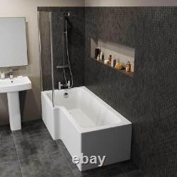 Complete Bathroom Suite Black 1700 L Shape LH Bath Screen Vanity WC Shower Taps