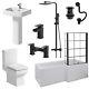 Complete Bathroom Suite Black RH Shower Bath Screen Basin Pedestal Toilet 1700mm