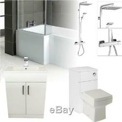 Complete Bathroom Suite L Shape Bath Vanity & WC Unit + Shower & Waterfall Taps