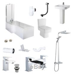 Complete Bathroom Suite L Shape Shower Bath, Toilet, Basin Taps, Wastes Set