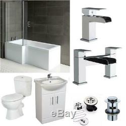 Complete Bathroom Suite L Shape Shower Bath + Vanity Unit 550 + Waterfall Taps