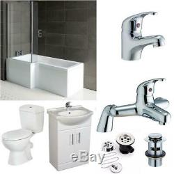 Complete Bathroom Suite L Shape Shower Bath + WC + Vanity Unit 550 + Taps