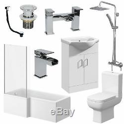 Complete Bathroom Suite L Shaped Bath LH Toilet Basin Vanity Unit Taps Shower