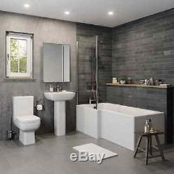 Complete Bathroom Suite L Shaped Bath LH Toilet Basin Vanity Unit Taps Shower