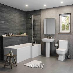 Complete Bathroom Suite L Shaped Bath RH Toilet Basin Vanity Unit Taps Shower