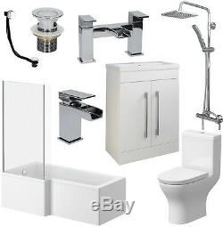 Complete Bathroom Suite L Shaped LH Bath Basin 600mm Vanity Unit WC Shower Taps