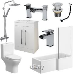 Complete Bathroom Suite L Shaped RH Bath Basin 600mm Vanity Unit WC Shower Taps