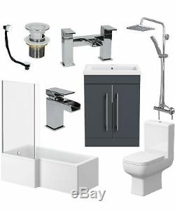 Complete Bathroom Suite LH L Shaped Bath Toilet Vanity Basin Taps Shower Grey