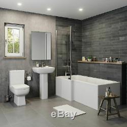 Complete Bathroom Suite LH L Shaped Bath Toilet Vanity Basin Taps Shower Grey