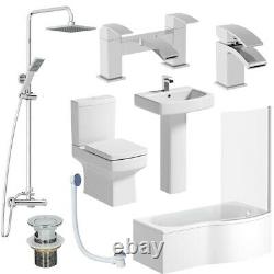 Complete Bathroom Suite LH/RH 1700 P Shape Bath Basin Pedestal Toilet Tap Shower