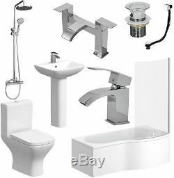 Complete Bathroom Suite P Shape RH Bath Panel Screen Basin WC Shower Taps Set