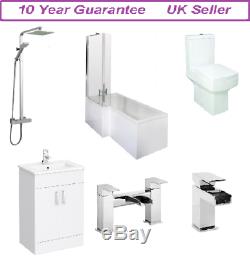 Complete L Shaped Bathroom Suite 500 basin unit Shower Screen Bath Panel Tap
