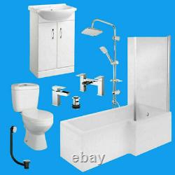 Complete L Shaped Bathroom Suite Toilet Basin Shower Screen Bath Panel Taps Set