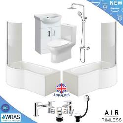 Complete P Shaped Bathroom Suite Shower RIMLESS WC Toilet Vanity Unit Bath Taps