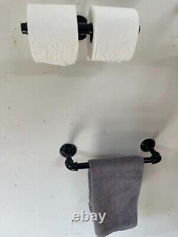 Custom-Built, Wall-Mounted Complete Bathroom Set Made of Black Wrought Iron Pipe