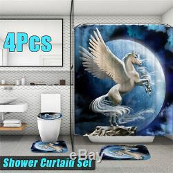 Horse Shape Bathroom Shower Curtain Waterproof Toilet Cover Mat Rug Set + 12 Hoo