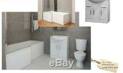 L Shape Shower Bath Suite Complete inc Vanity, Close Coupled Toilet, Taps, Waste