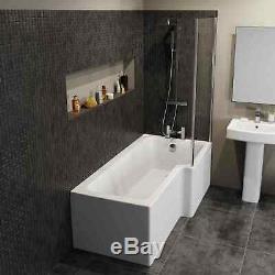 L Shaped Complete Bathroom Suite Close Coupled Toilet Taps Basin RH Bath Screen