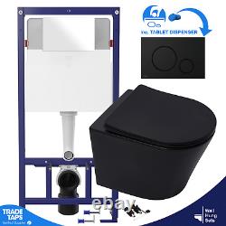 Matt Black Rimless Wall Hung Toilet & 1.12m Concealed WC Cistern Frame Plate Set