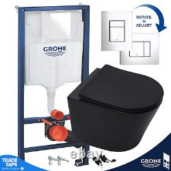 Matt Black Rimless Wall Hung Toilet & GROHE 1.13m Concealed WC Cistern Frame