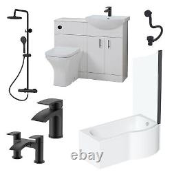 Mayford Complete Matt Black 1600 P Shaped Shower Bathroom Suite Taps Shower