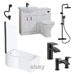 Mayford Complete Matt Black 1700 P Shaped Shower Bathroom Suite Taps Shower