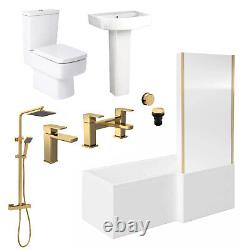 Nuie L-Shaped Complete Brushed Brass Bathroom Suite Bath Toilet Sink Tap & Waste