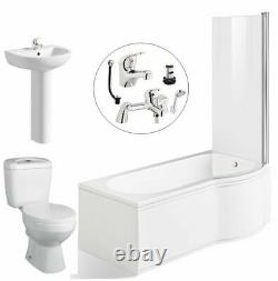 P Shape Right Hand Complete Bathroom Suite Toilet Basin & Ped Basin Bath Tap Set