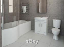 P Shaped Bath Suite Complete Set inc Vanity Unit, Close Coupled Toilet & Taps