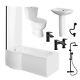 P Shaped Shower 1700 Bathroom Suite C/W Black Taps Bath Shower Front Panel
