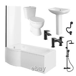 P Shaped Shower 1700 Bathroom Suite C/W Black Taps Bath Shower Front Panel