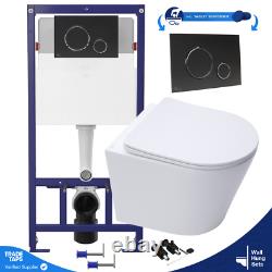 Rimless Wall Hung Toilet & 1.12m Concealed WC Cistern Frame Black Chrome Plate